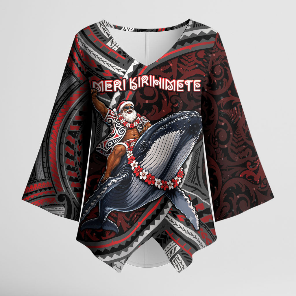 Aotearoa Christmas Kimono Sleeve Blouse Santa Riding Humpback Whale Maori Koru