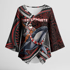 Aotearoa Christmas Kimono Sleeve Blouse Santa Riding Humpback Whale Maori Koru