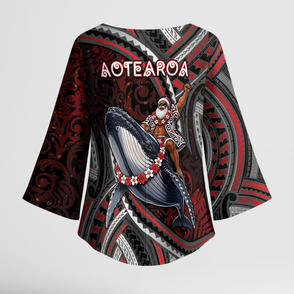 Aotearoa Christmas Kimono Sleeve Blouse Santa Riding Humpback Whale Maori Koru