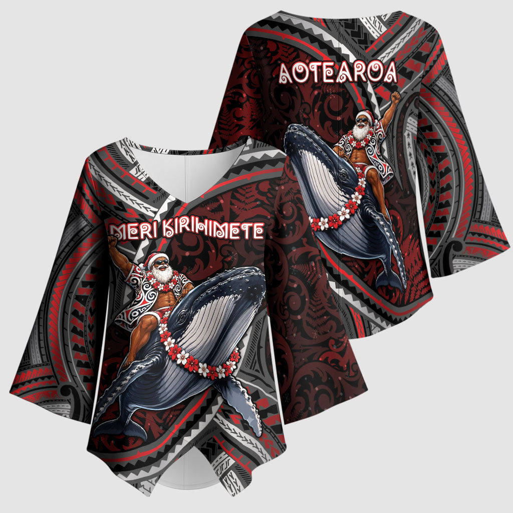 Aotearoa Christmas Kimono Sleeve Blouse Santa Riding Humpback Whale Maori Koru