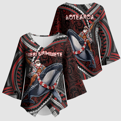 Aotearoa Christmas Kimono Sleeve Blouse Santa Riding Humpback Whale Maori Koru