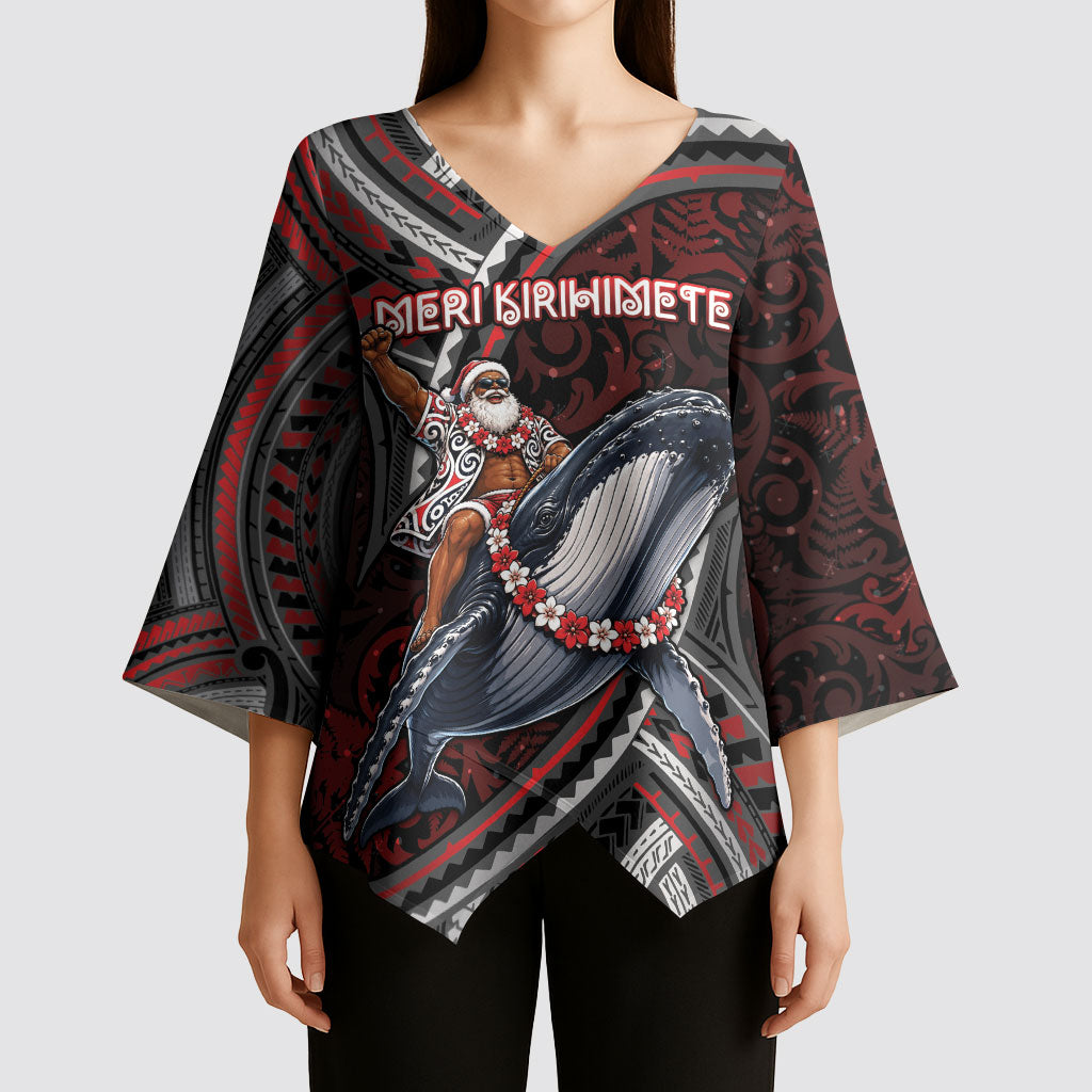 Aotearoa Christmas Kimono Sleeve Blouse Santa Riding Humpback Whale Maori Koru
