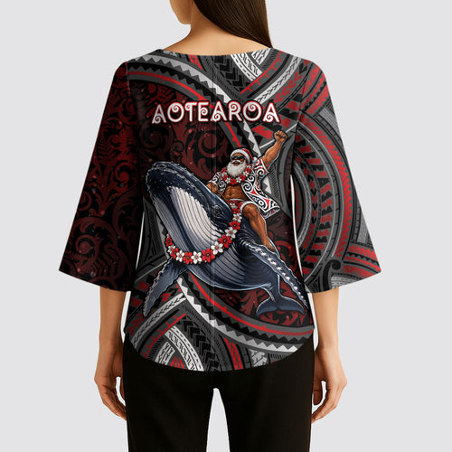 Aotearoa Christmas Kimono Sleeve Blouse Santa Riding Humpback Whale Maori Koru