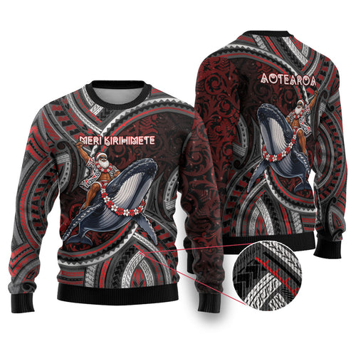 Aotearoa Christmas Ugly Christmas Sweater Santa Riding Humpback Whale Maori Koru