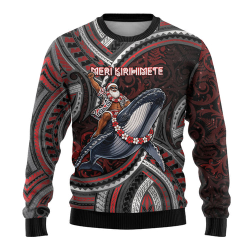 Aotearoa Christmas Ugly Christmas Sweater Santa Riding Humpback Whale Maori Koru