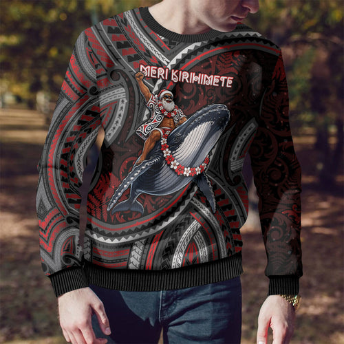 Aotearoa Christmas Ugly Christmas Sweater Santa Riding Humpback Whale Maori Koru