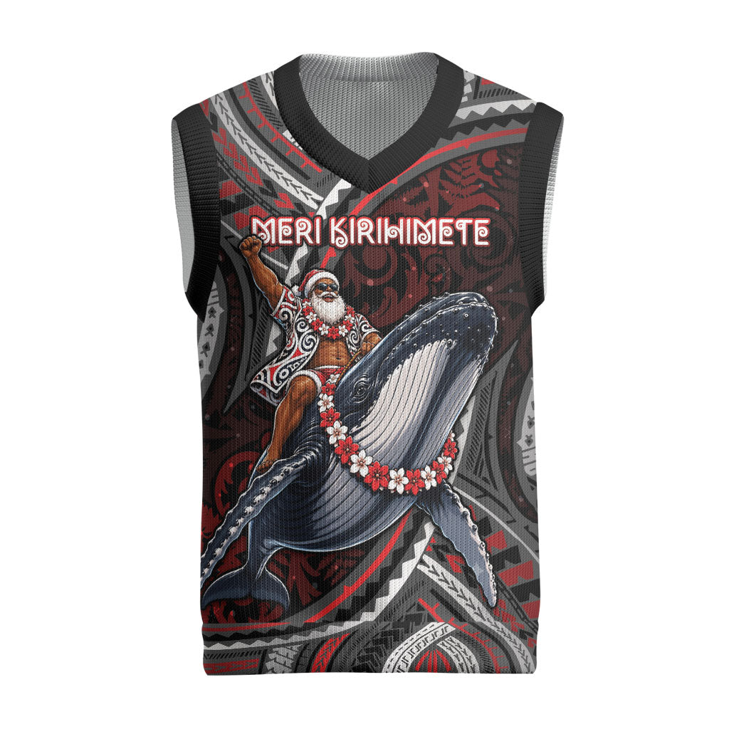 Aotearoa Christmas Knitted V-Neck Vest Santa Riding Humpback Whale Maori Koru