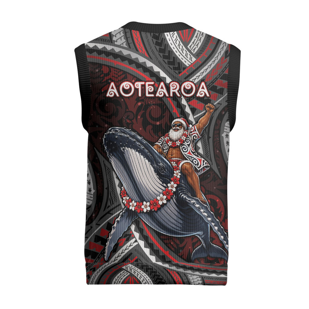 Aotearoa Christmas Knitted V-Neck Vest Santa Riding Humpback Whale Maori Koru