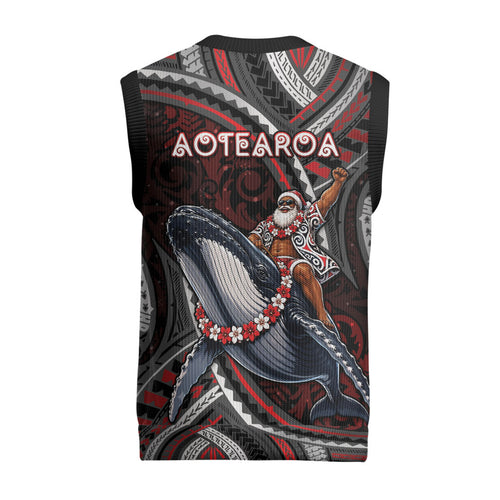 Aotearoa Christmas Knitted V-Neck Vest Santa Riding Humpback Whale Maori Koru