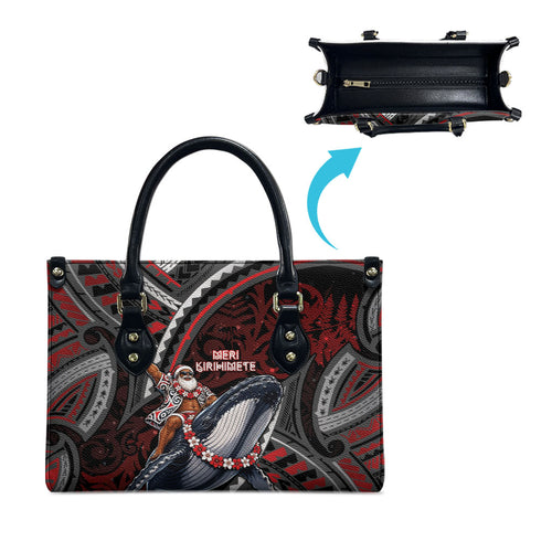 Aotearoa Christmas Leather Bag Santa Riding Humpback Whale Maori Koru