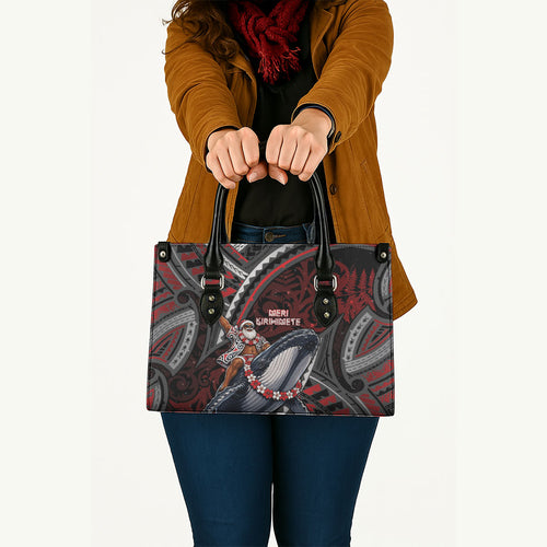Aotearoa Christmas Leather Bag Santa Riding Humpback Whale Maori Koru