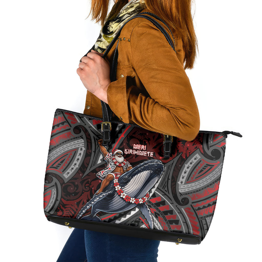 Aotearoa Christmas Leather Tote Bag Santa Riding Humpback Whale Maori Koru