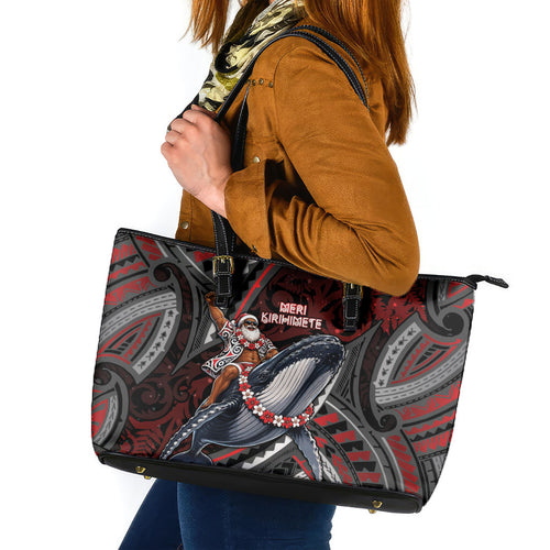 Aotearoa Christmas Leather Tote Bag Santa Riding Humpback Whale Maori Koru