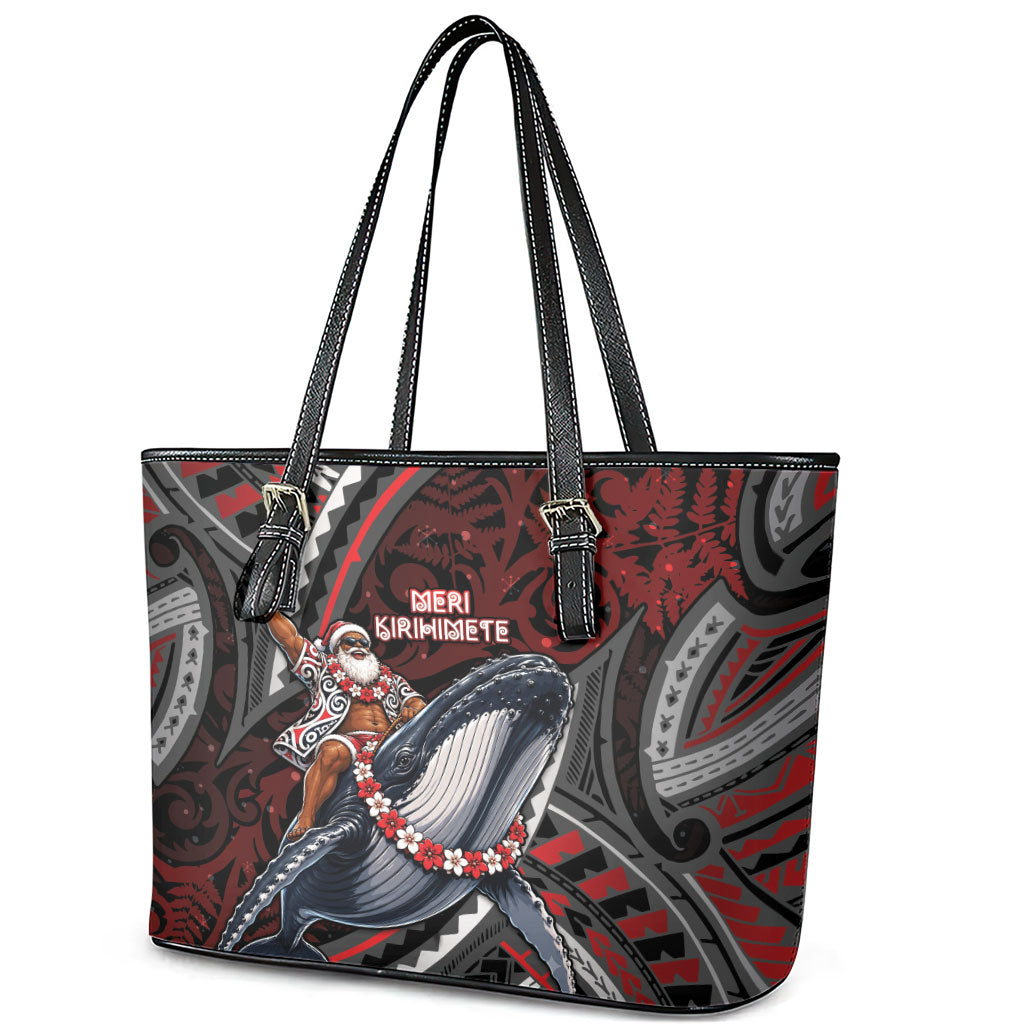 Aotearoa Christmas Leather Tote Bag Santa Riding Humpback Whale Maori Koru