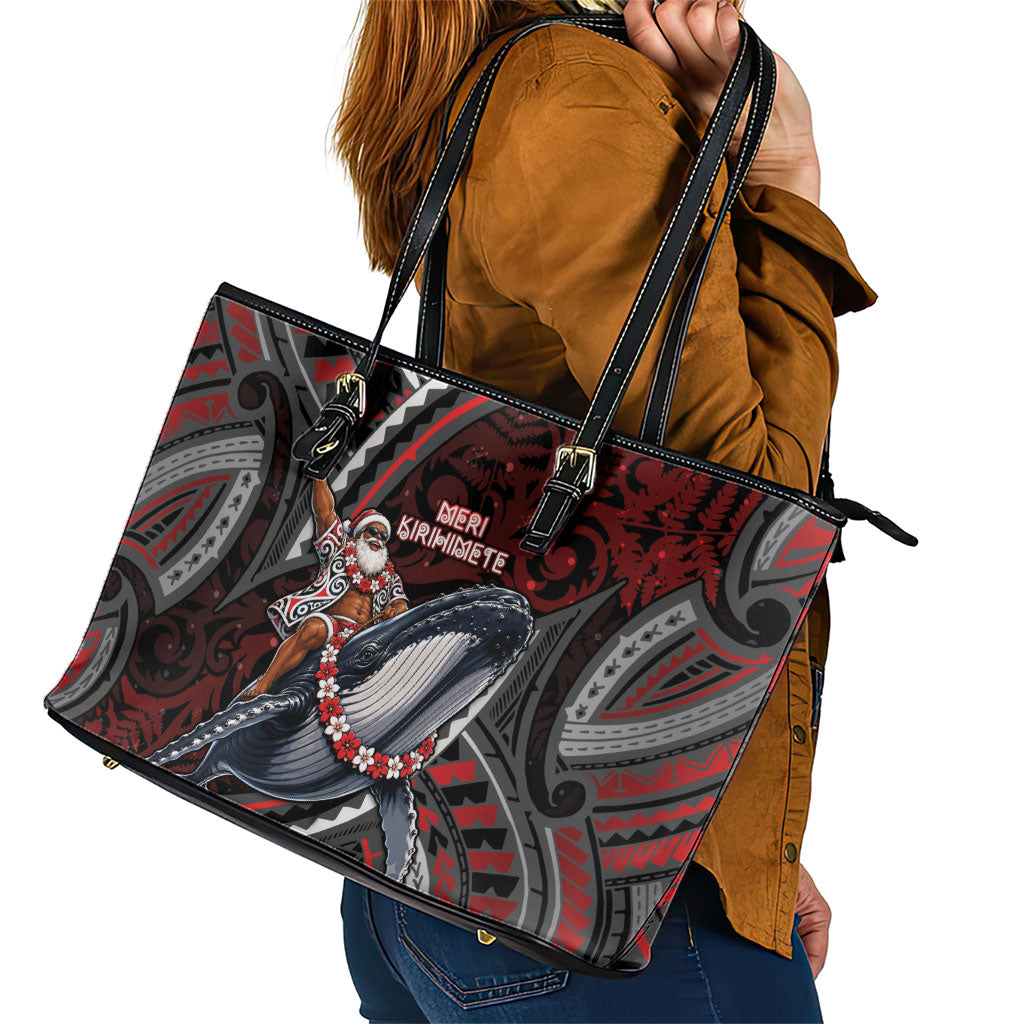 Aotearoa Christmas Leather Tote Bag Santa Riding Humpback Whale Maori Koru