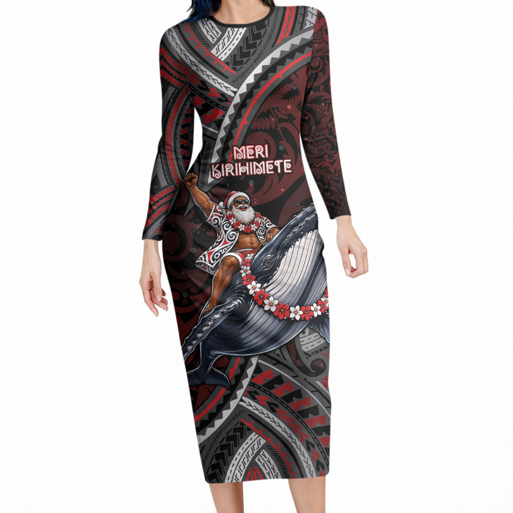 Aotearoa Christmas Long Sleeve Bodycon Dress Santa Riding Humpback Whale Maori Koru