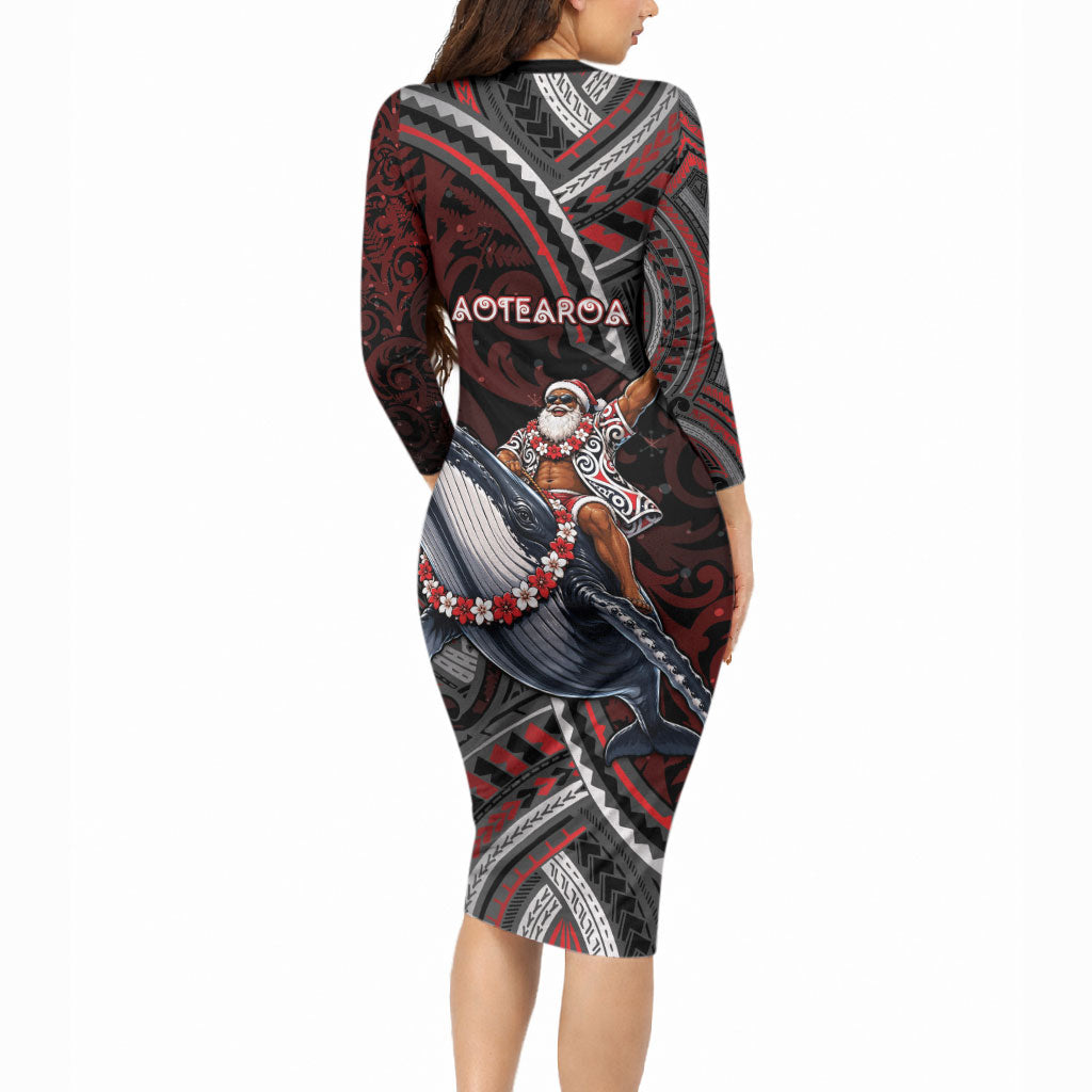 Aotearoa Christmas Long Sleeve Bodycon Dress Santa Riding Humpback Whale Maori Koru