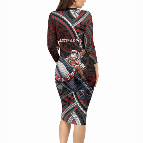 Aotearoa Christmas Long Sleeve Bodycon Dress Santa Riding Humpback Whale Maori Koru