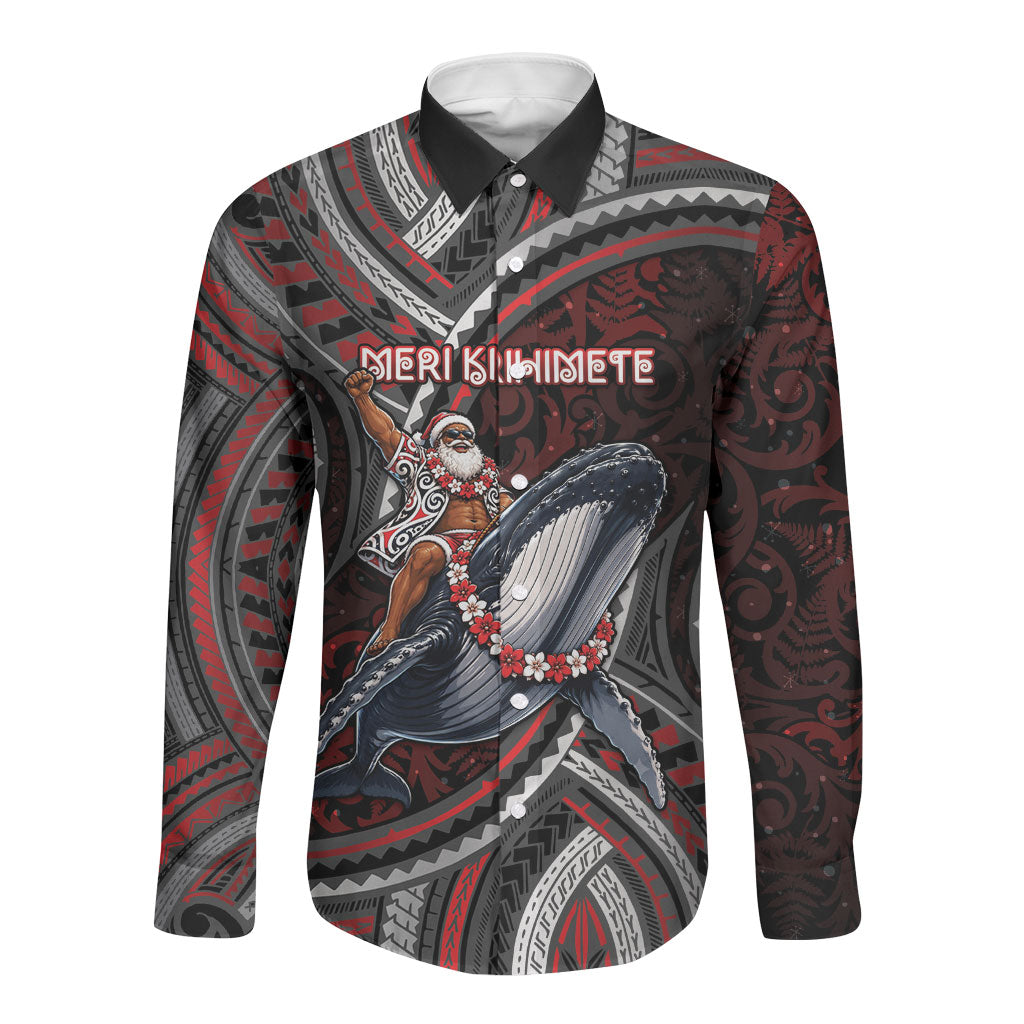 Aotearoa Christmas Long Sleeve Button Shirt Santa Riding Humpback Whale Maori Koru