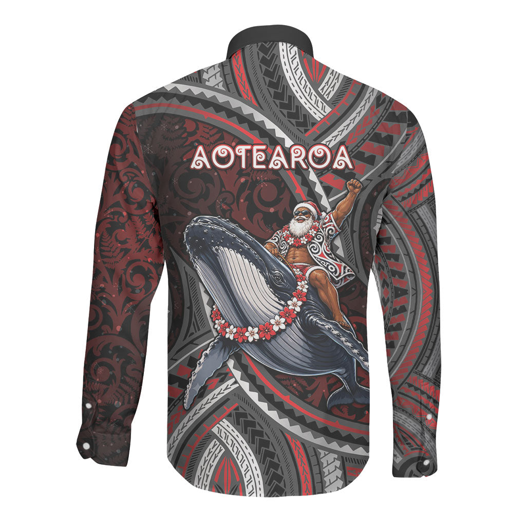Aotearoa Christmas Long Sleeve Button Shirt Santa Riding Humpback Whale Maori Koru