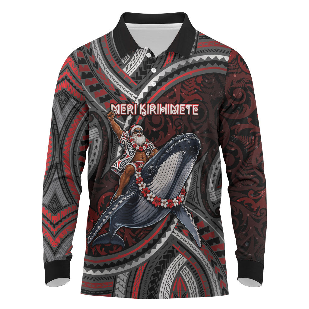 Aotearoa Christmas Long Sleeve Polo Shirt Santa Riding Humpback Whale Maori Koru
