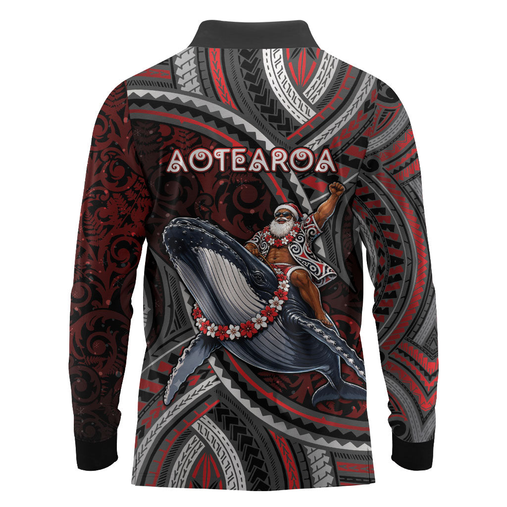 Aotearoa Christmas Long Sleeve Polo Shirt Santa Riding Humpback Whale Maori Koru