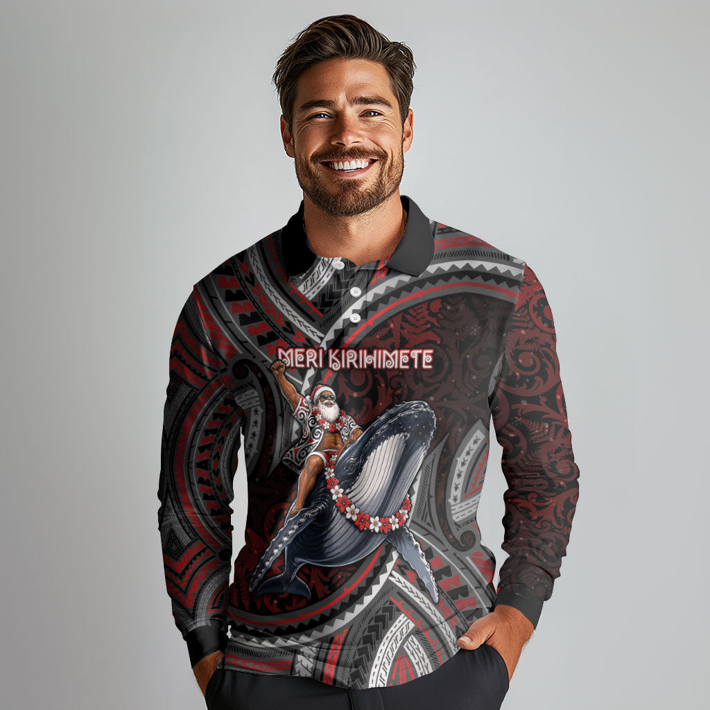 Aotearoa Christmas Long Sleeve Polo Shirt Santa Riding Humpback Whale Maori Koru