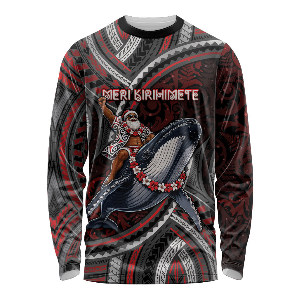 Aotearoa Christmas Long Sleeve Shirt Santa Riding Humpback Whale Maori Koru
