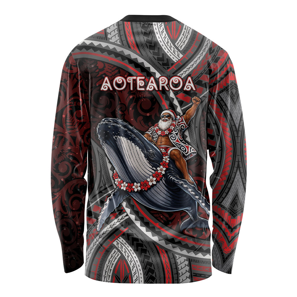 Aotearoa Christmas Long Sleeve Shirt Santa Riding Humpback Whale Maori Koru