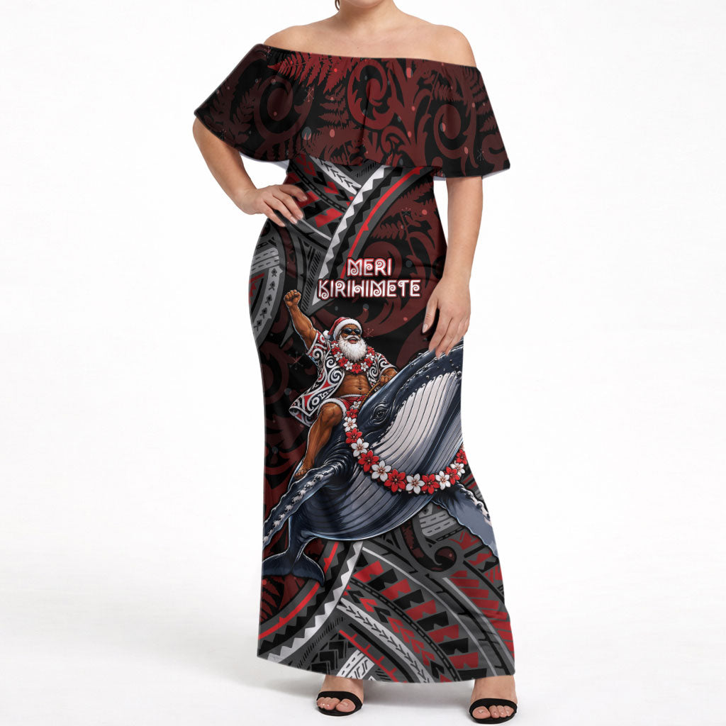 Aotearoa Christmas Off Shoulder Maxi Dress Santa Riding Humpback Whale Maori Koru