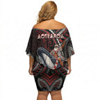 Aotearoa Christmas Off Shoulder Short Dress Santa Riding Humpback Whale Maori Koru