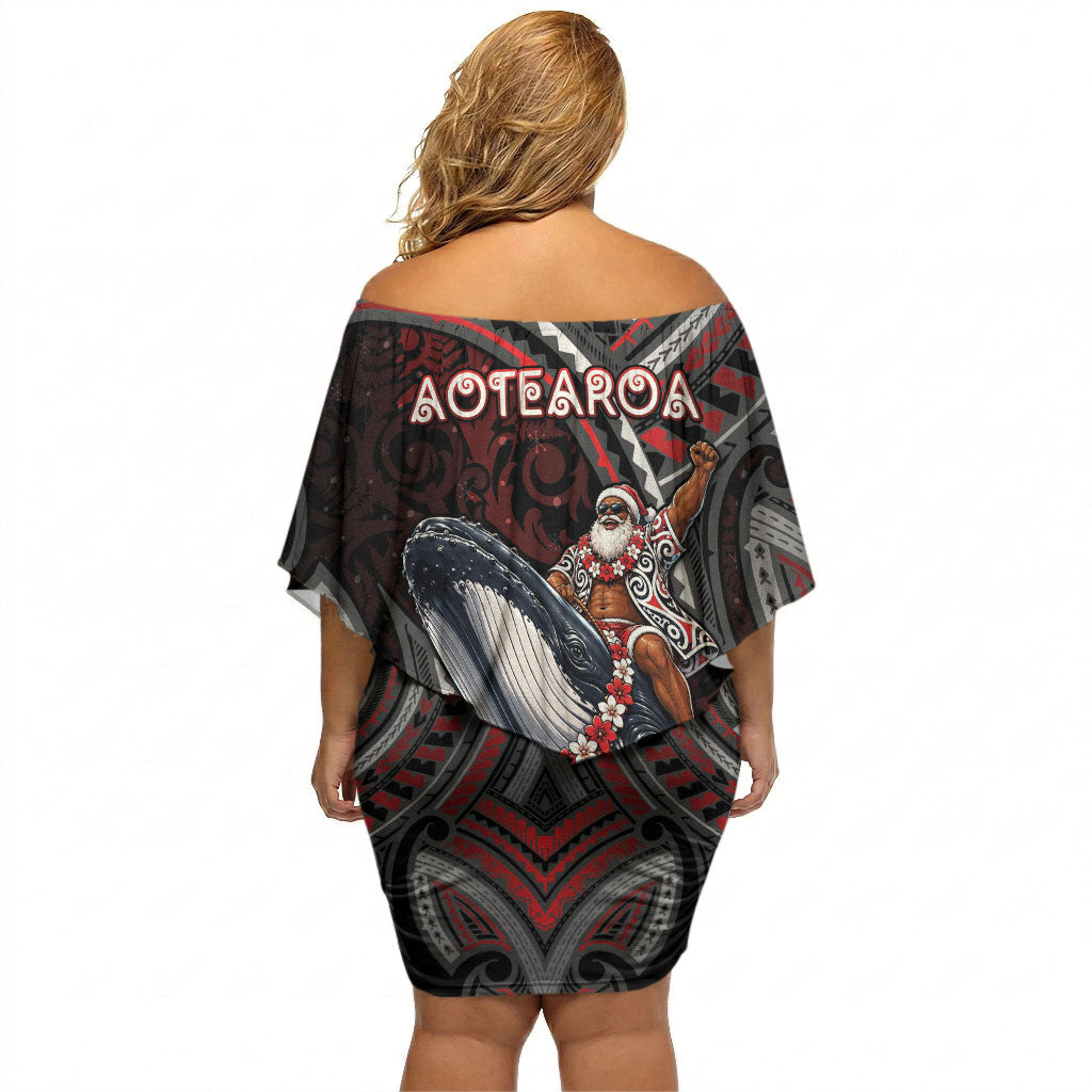 Aotearoa Christmas Off Shoulder Short Dress Santa Riding Humpback Whale Maori Koru