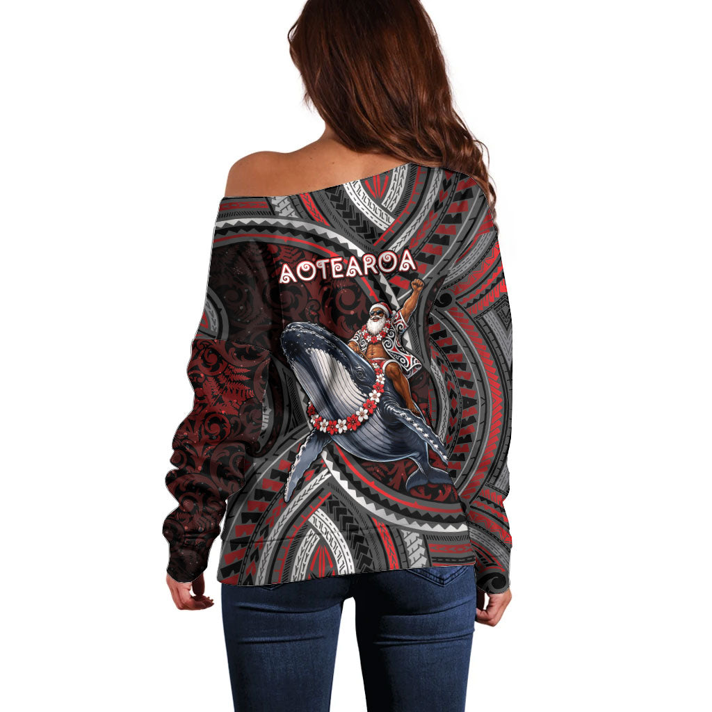 Aotearoa Christmas Off Shoulder Sweater Santa Riding Humpback Whale Maori Koru