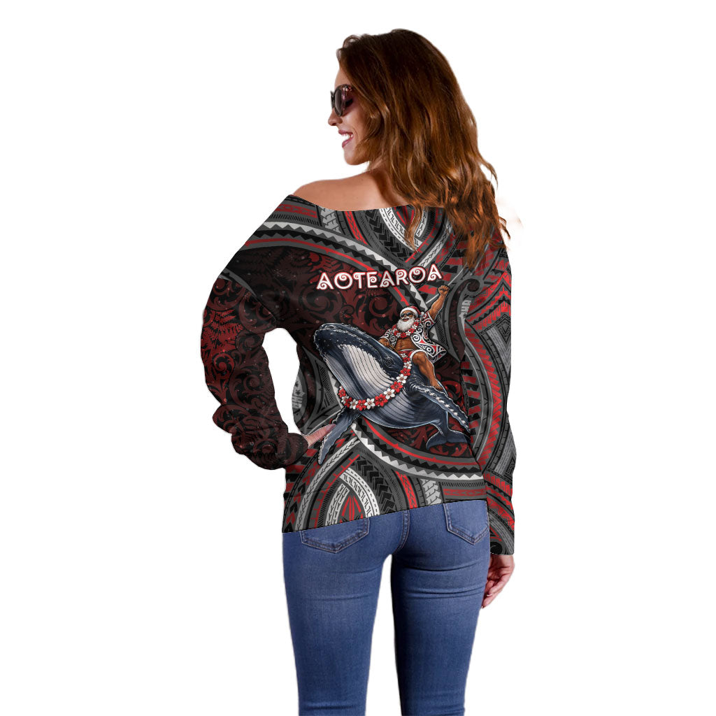 Aotearoa Christmas Off Shoulder Sweater Santa Riding Humpback Whale Maori Koru