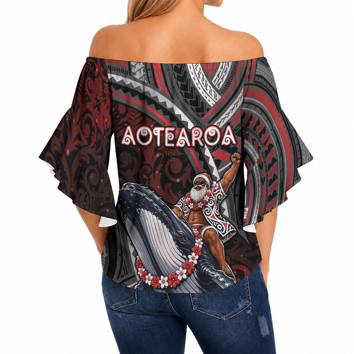 Aotearoa Christmas Off Shoulder Wrap Waist Top Santa Riding Humpback Whale Maori Koru