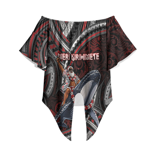 Aotearoa Christmas Off Shoulder Wrap Waist Top Santa Riding Humpback Whale Maori Koru