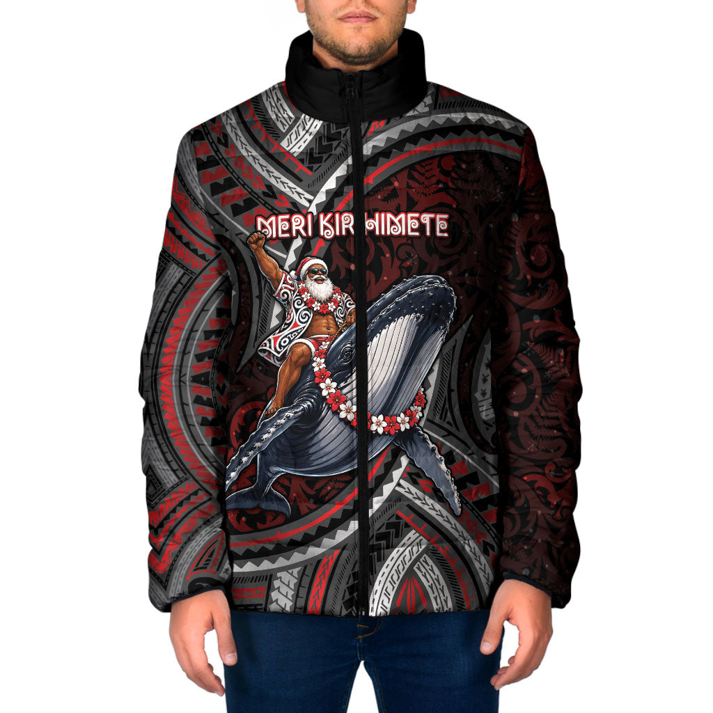 Aotearoa Christmas Padded Jacket Santa Riding Humpback Whale Maori Koru