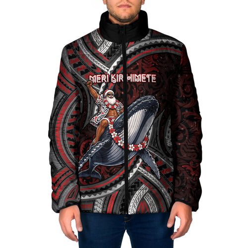 Aotearoa Christmas Padded Jacket Santa Riding Humpback Whale Maori Koru