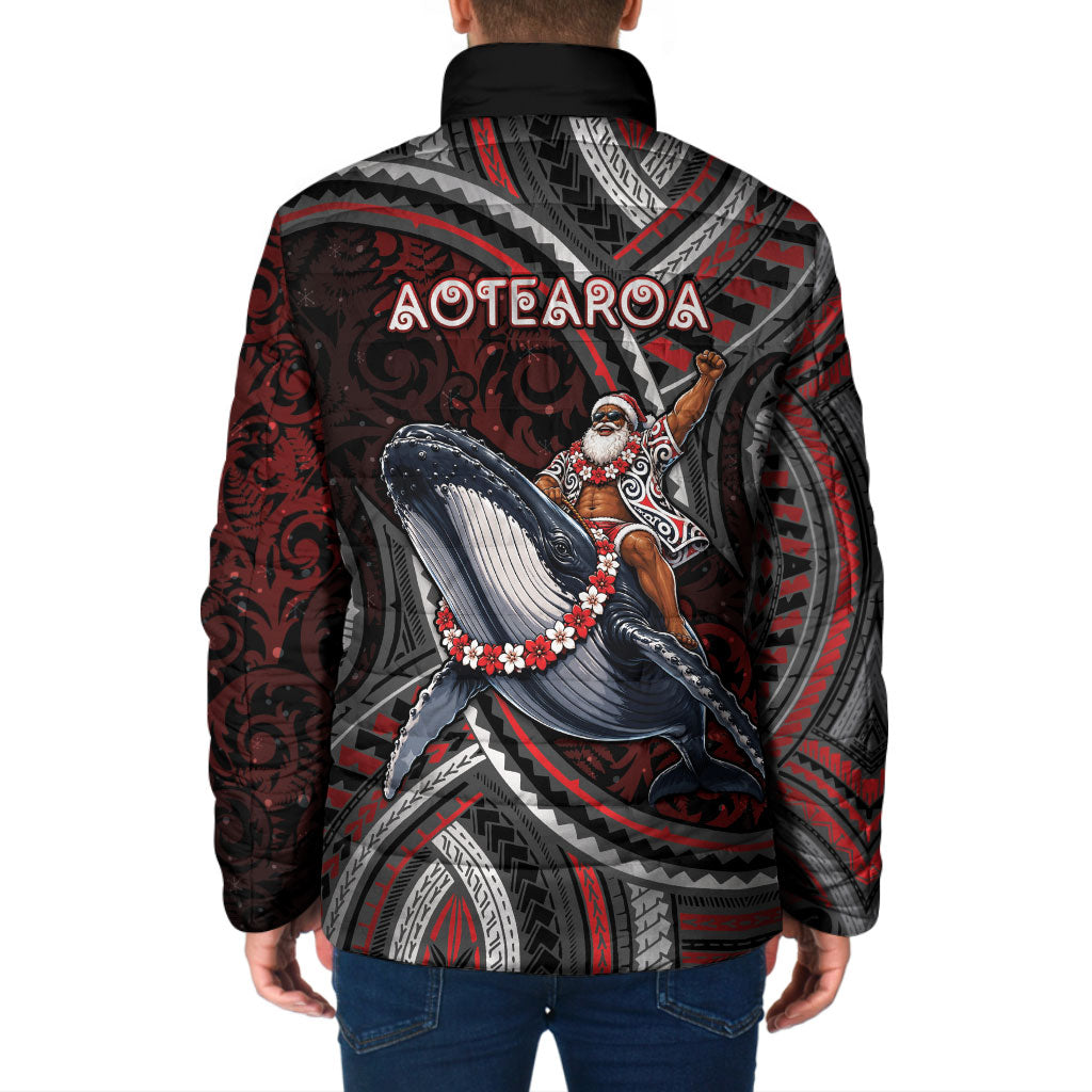 Aotearoa Christmas Padded Jacket Santa Riding Humpback Whale Maori Koru