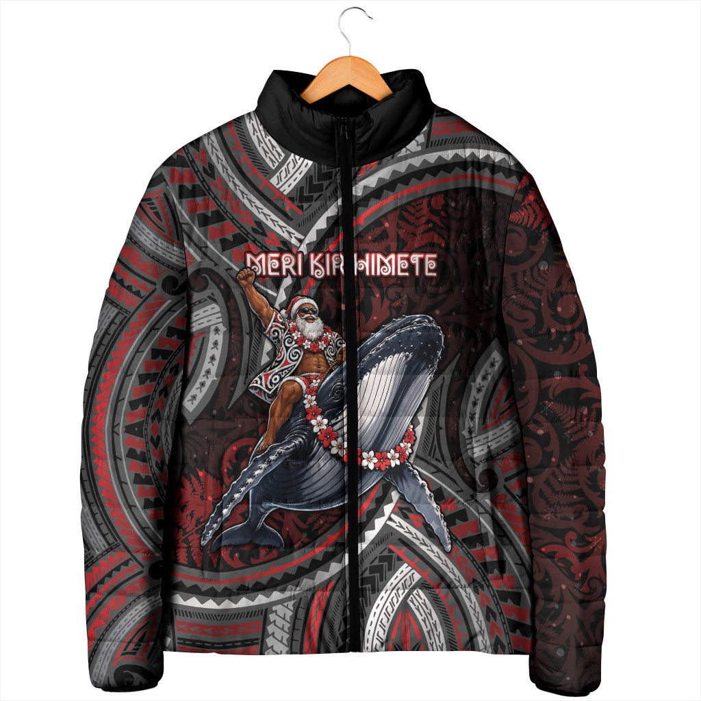 Aotearoa Christmas Padded Jacket Santa Riding Humpback Whale Maori Koru