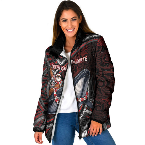 Aotearoa Christmas Padded Jacket Santa Riding Humpback Whale Maori Koru