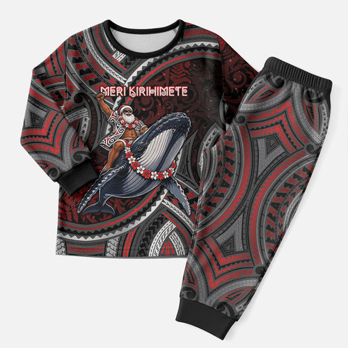 Aotearoa Christmas Pajama Set Santa Riding Humpback Whale Maori Koru