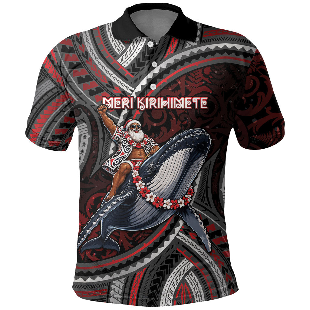 Aotearoa Christmas Polo Shirt Santa Riding Humpback Whale Maori Koru