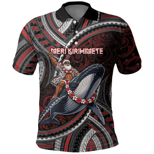 Aotearoa Christmas Polo Shirt Santa Riding Humpback Whale Maori Koru