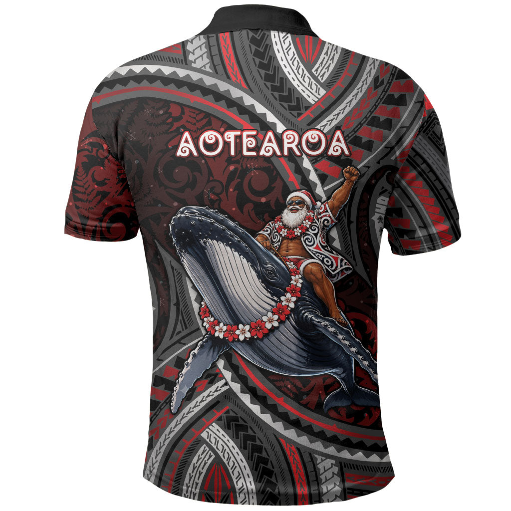Aotearoa Christmas Polo Shirt Santa Riding Humpback Whale Maori Koru