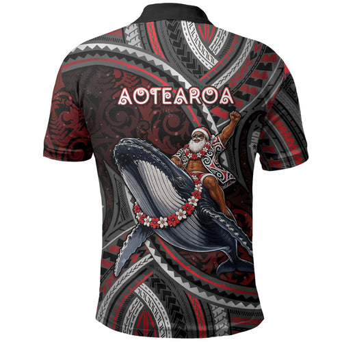 Aotearoa Christmas Polo Shirt Santa Riding Humpback Whale Maori Koru