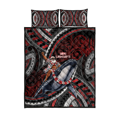 Aotearoa Christmas Quilt Bed Set Santa Riding Humpback Whale Maori Koru