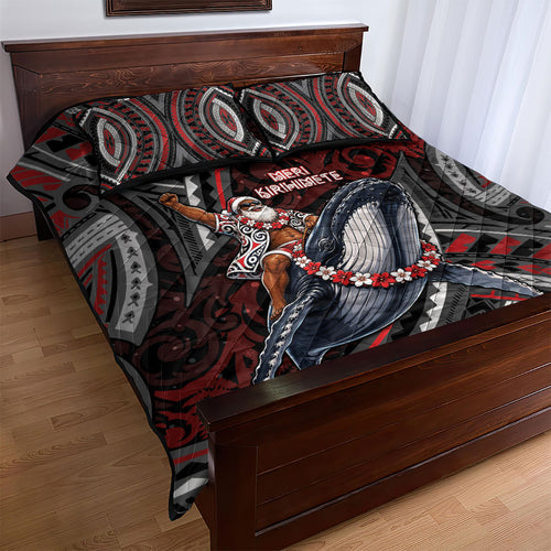 Aotearoa Christmas Quilt Bed Set Santa Riding Humpback Whale Maori Koru