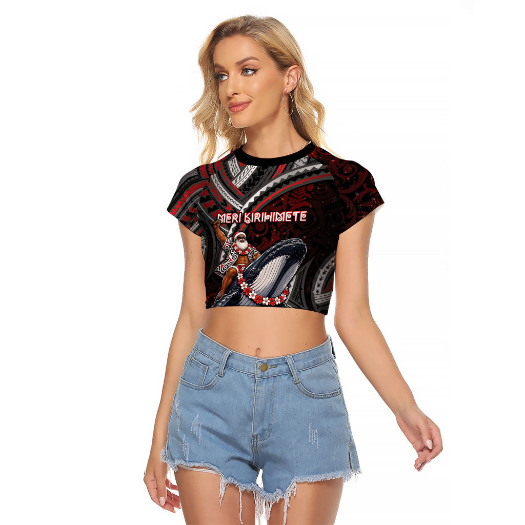 Aotearoa Christmas Raglan Cropped T Shirt Santa Riding Humpback Whale Maori Koru