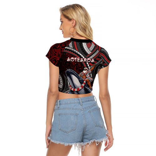 Aotearoa Christmas Raglan Cropped T Shirt Santa Riding Humpback Whale Maori Koru